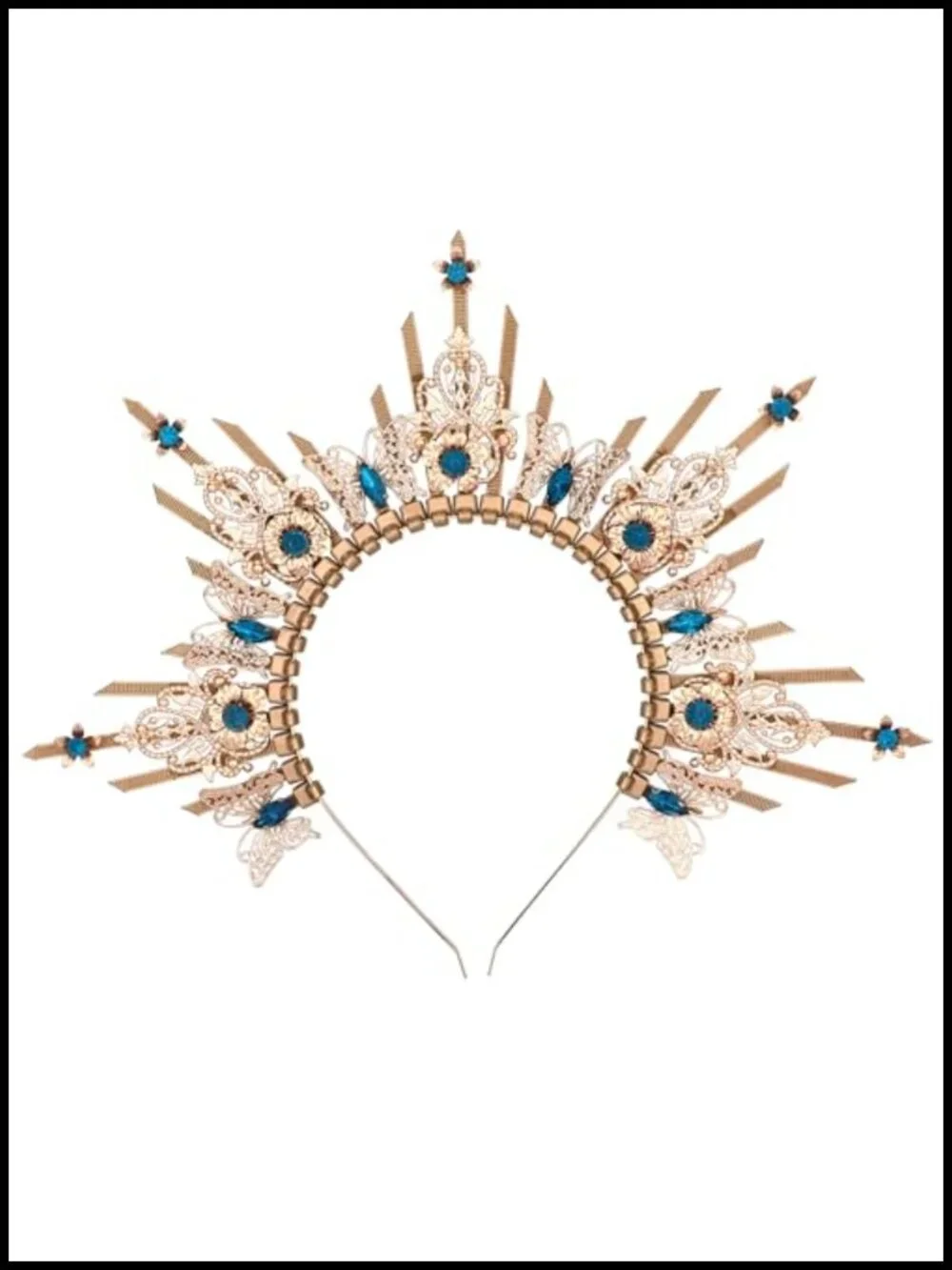 Handmade Halo Crown Headpiece with Blue Rhinestone Sun Headband for Renaissance
